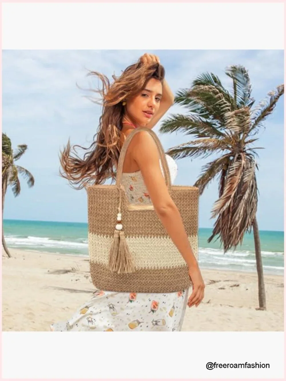 Straw Tote Bag with Zipper Large Capacity Shoulder Handbag for Beach Travel - Picture 3 of 7